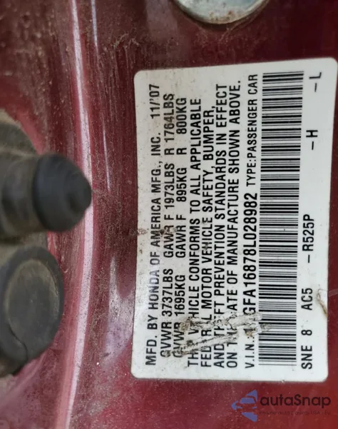 2008 Honda Civic Ex из США, поврежденный, VIN 1HGFA16878L028982